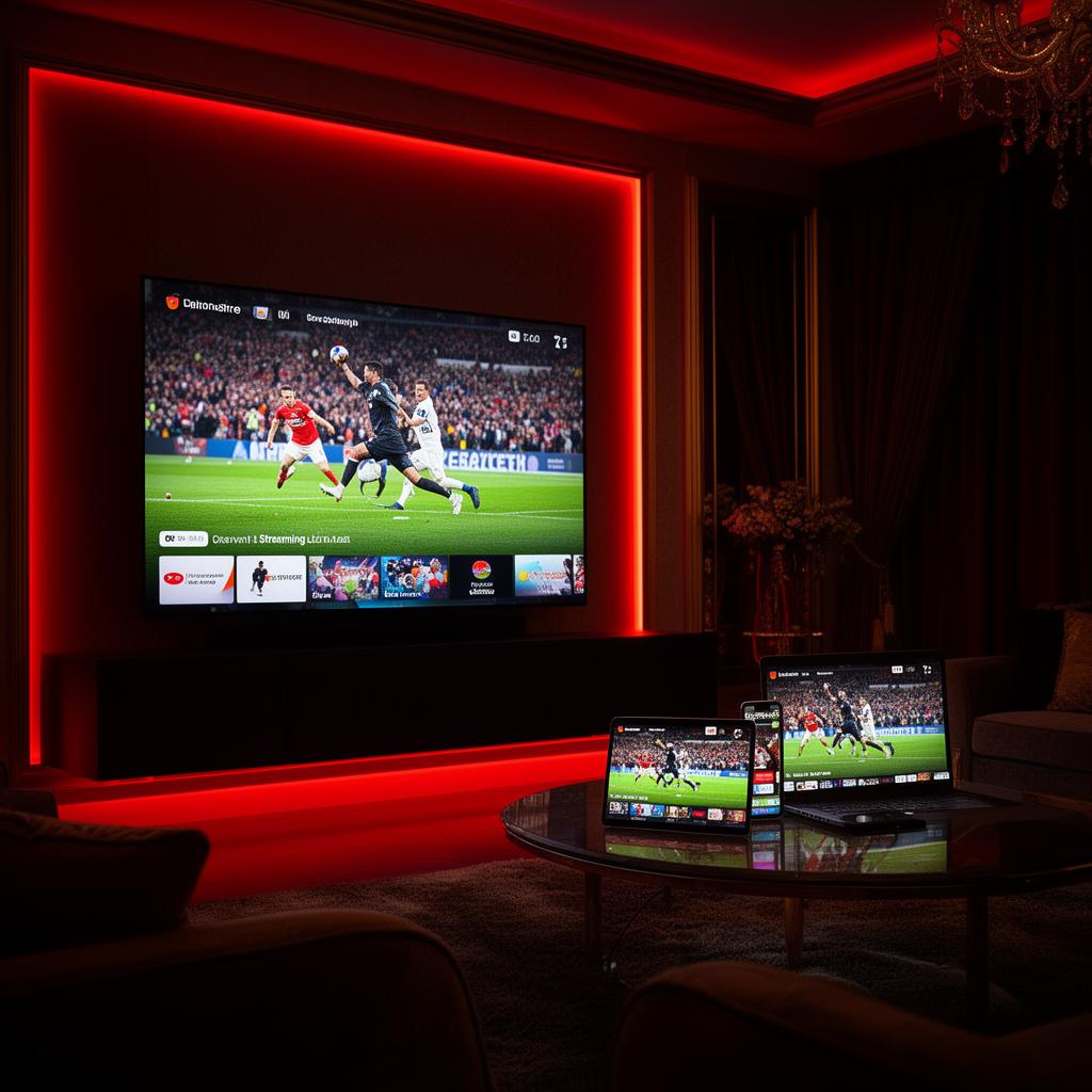 Smart TV, smartphone, tablette et ordinateur portable diffusant du football en direct dans un salon premium