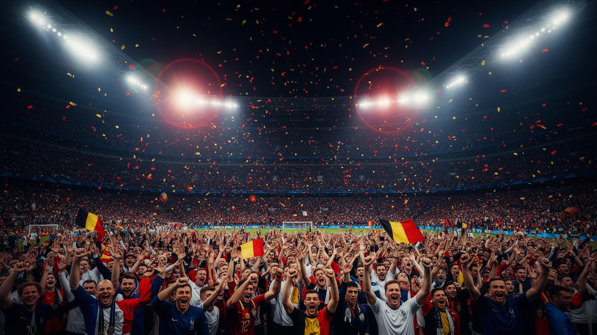 Des supporters de football français et belges célébrant un but sous les lumières du stade lors d'un match de Coupe du Monde