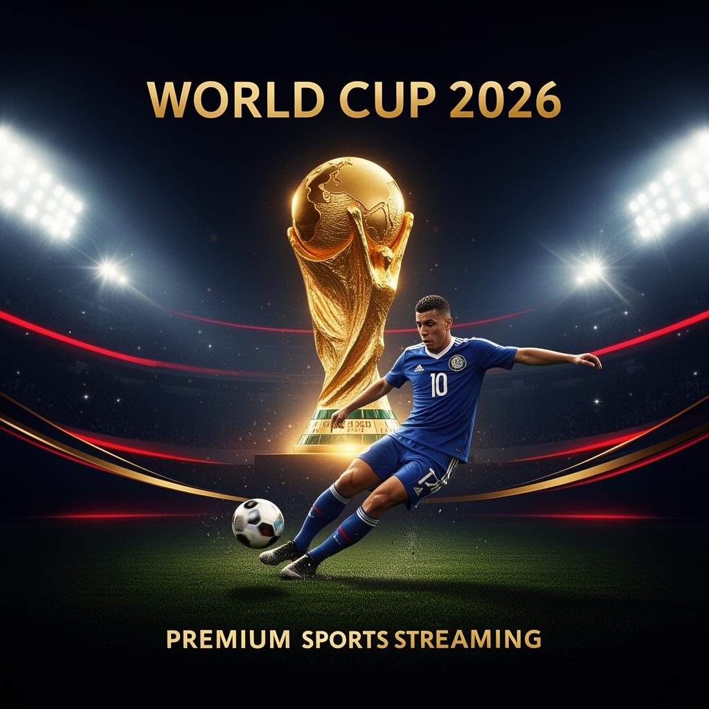 Coupe du Monde 2026 — un footballeur frappant le ballon sous un trophée doré et les lumières du stade